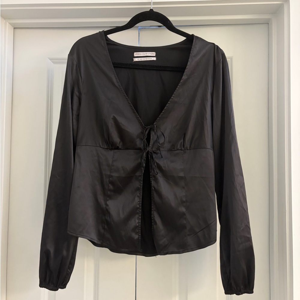 Urban Outfitters Black Satin Tie-Front  Long Sleeve Top